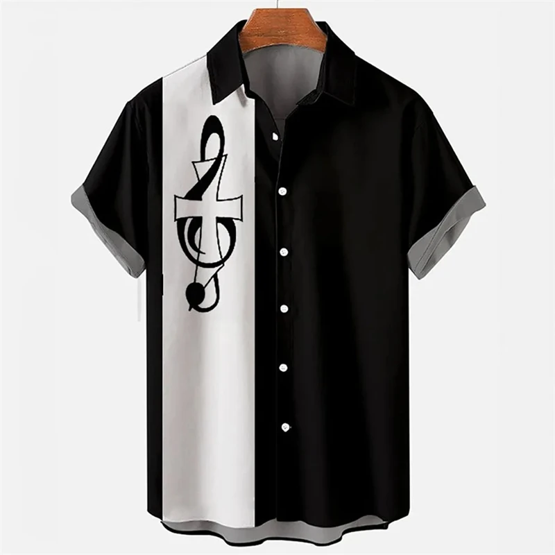 thumbnail image 1 of Camisa de verano para hombre 2024, camisetas hawaianas de manga corta con estampado de notas musicales para niños y niñas, camisetas de viaje para la playa, ropa informal con solapa, 1 of 5
