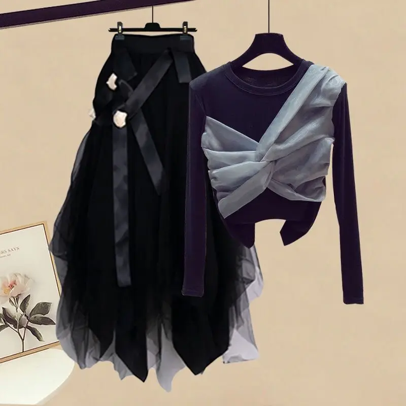 

Women Winter Mesh Patchwork Slash Neck Tops + Asymmetric Skirt 2 Piece Suit Female Party Elegant Casual Two Piece Set