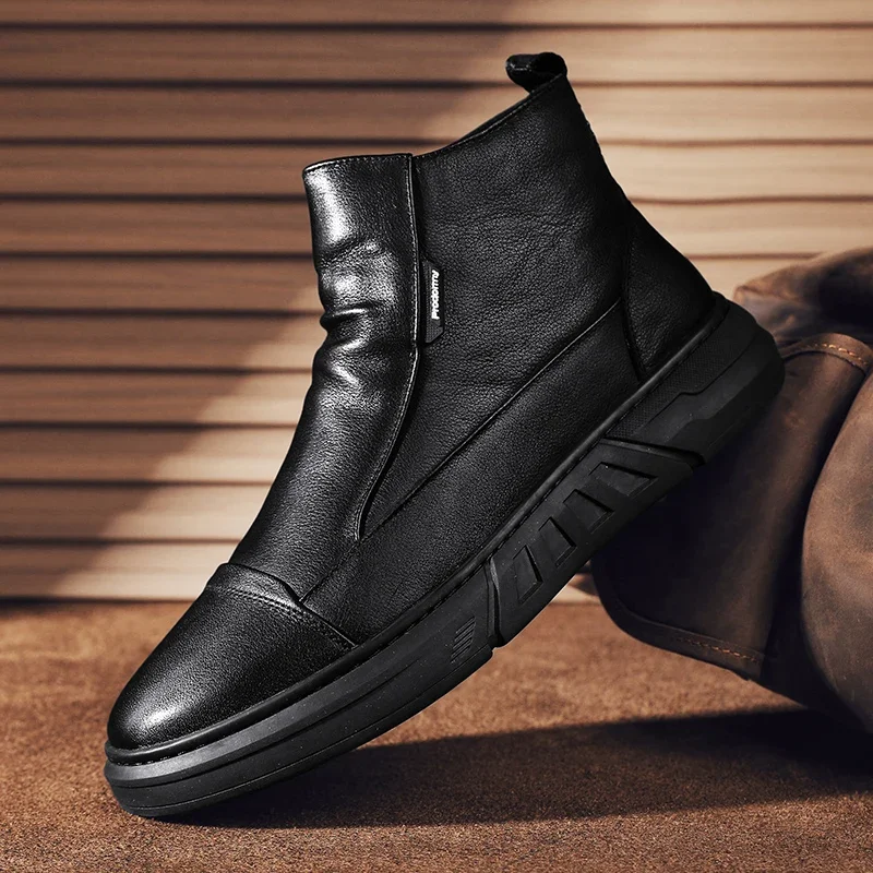 Leather Boots Man Full Black Men's Snow Boot Casual Ankle Mans Shoes Easy To Clean Trendy All-match Lightweight Mans Winter Shoe Outdoor Boots Men Leather Boots