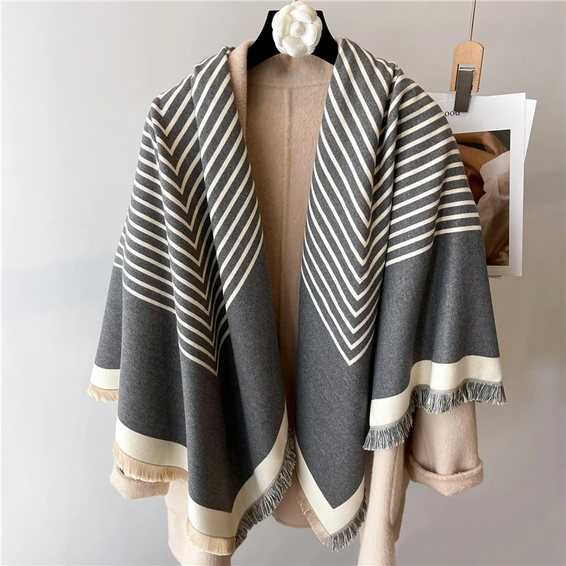 Sciarpa scialle in cashmere 2022 per donna stampa a righe spessa invernale calda pashmina coperta 125 cm grande quadrato Echarpe_voghion.com