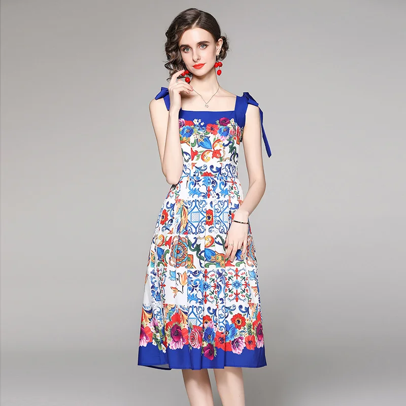 

Женское пляжное платье миди с бантом, праздничное платье на бретелях с тропическим кокосовым деревом, открытой спиной и вырезом лодочкой, с цветочным принтом, лето