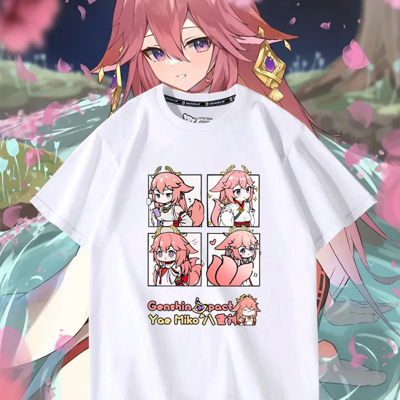 

Аниме геншин ударная игра Cos Yae Miko унисекс большой Наруками храм гексанбиест Повседневная Свободная простая хлопковая футболка с коротким рукавом