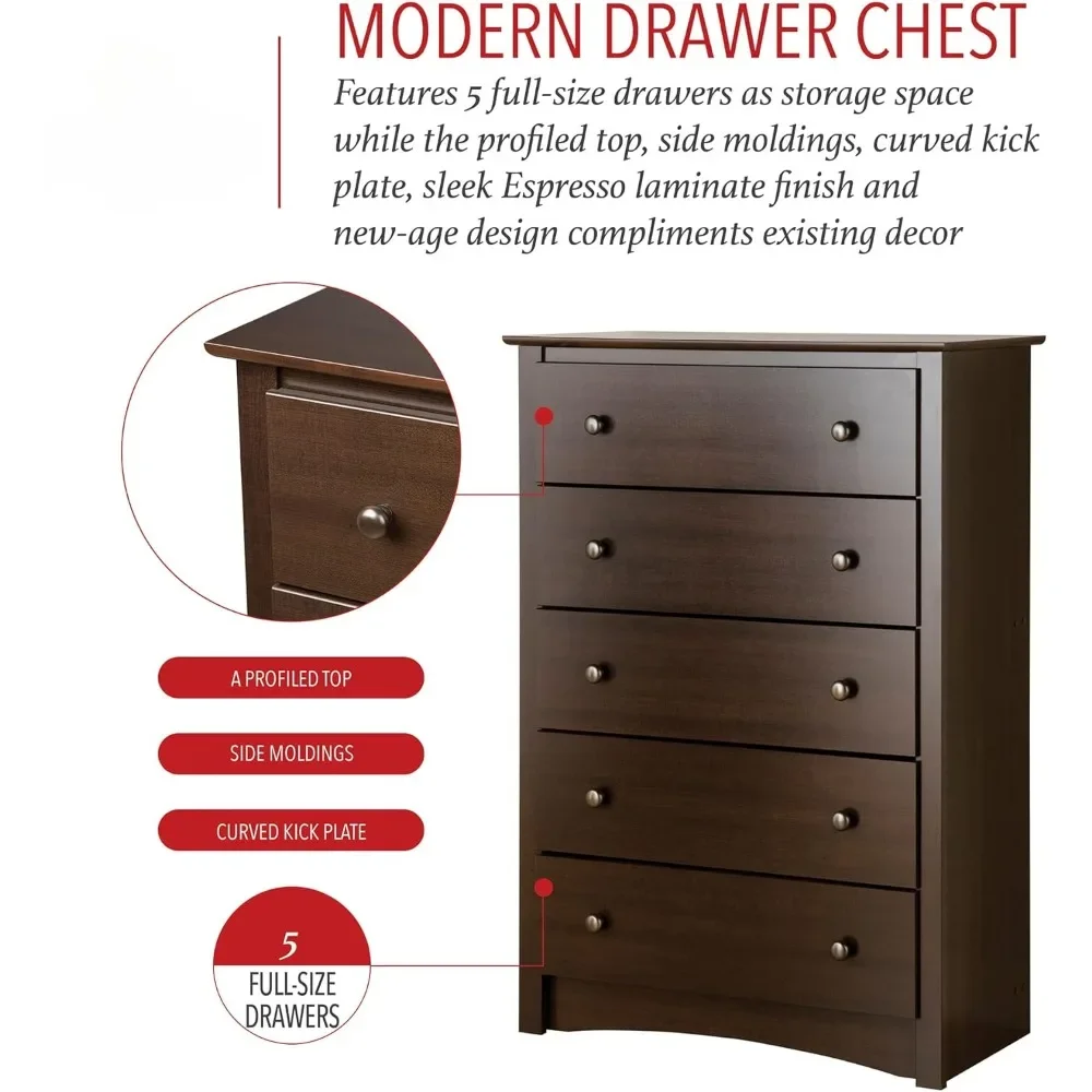 Superior 5-Drawer Chest for Bedroom - Spacious and Stylish Chest of Drawers, Measuring 16"D x 31.5"W x 45.25"H, Espresso Finish 4