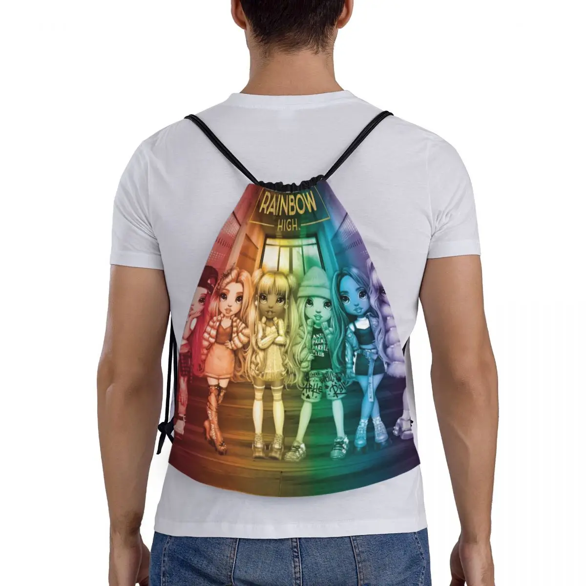 Custom Rainbow High Drawstring Backpack Sports Gym Bag for Men Women Cartoon Animation Shopping Sackpack 5
