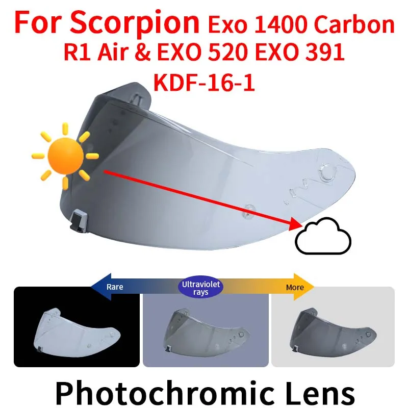 Visera fotocromática para Scorpion Exo 1400 Carbon, R1 Air & EXO 520 EXO 391 KDF-16-1 lente chapada protección Uv protector facial