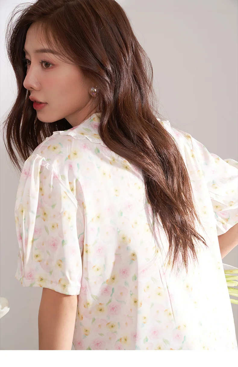 CRLAYDK 2023 Summer Flower Pamas Set for Women  Short Sleeve Satin Silk Button Down Sleepwear Bride Soft Pjs Loungewear_voghion.com