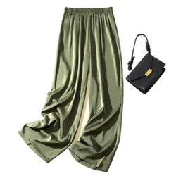 Women Satin Silky Straight Wide Leg Pants Summer Elastic High Waist Loose Green soft comfortable Casual Pant Office Lady Trouser