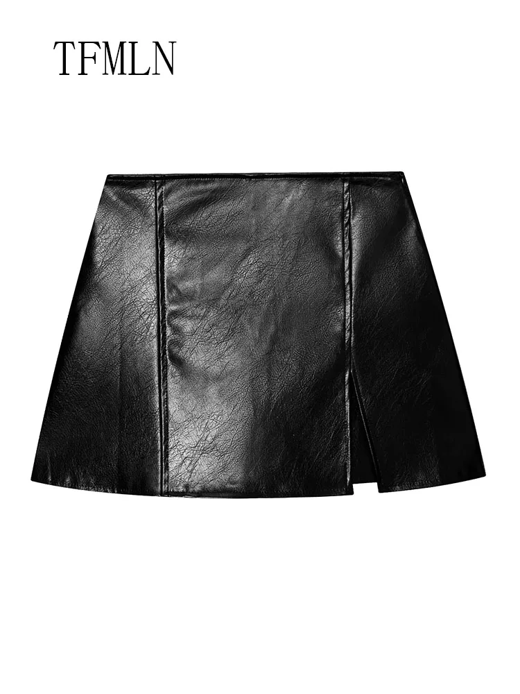 Retro Women Faux Leather Jacket+Skirt Short Sets 2025 New Chic Causal Lapel Pockets Loose Coats Side Zipper Skirt Short Outfits