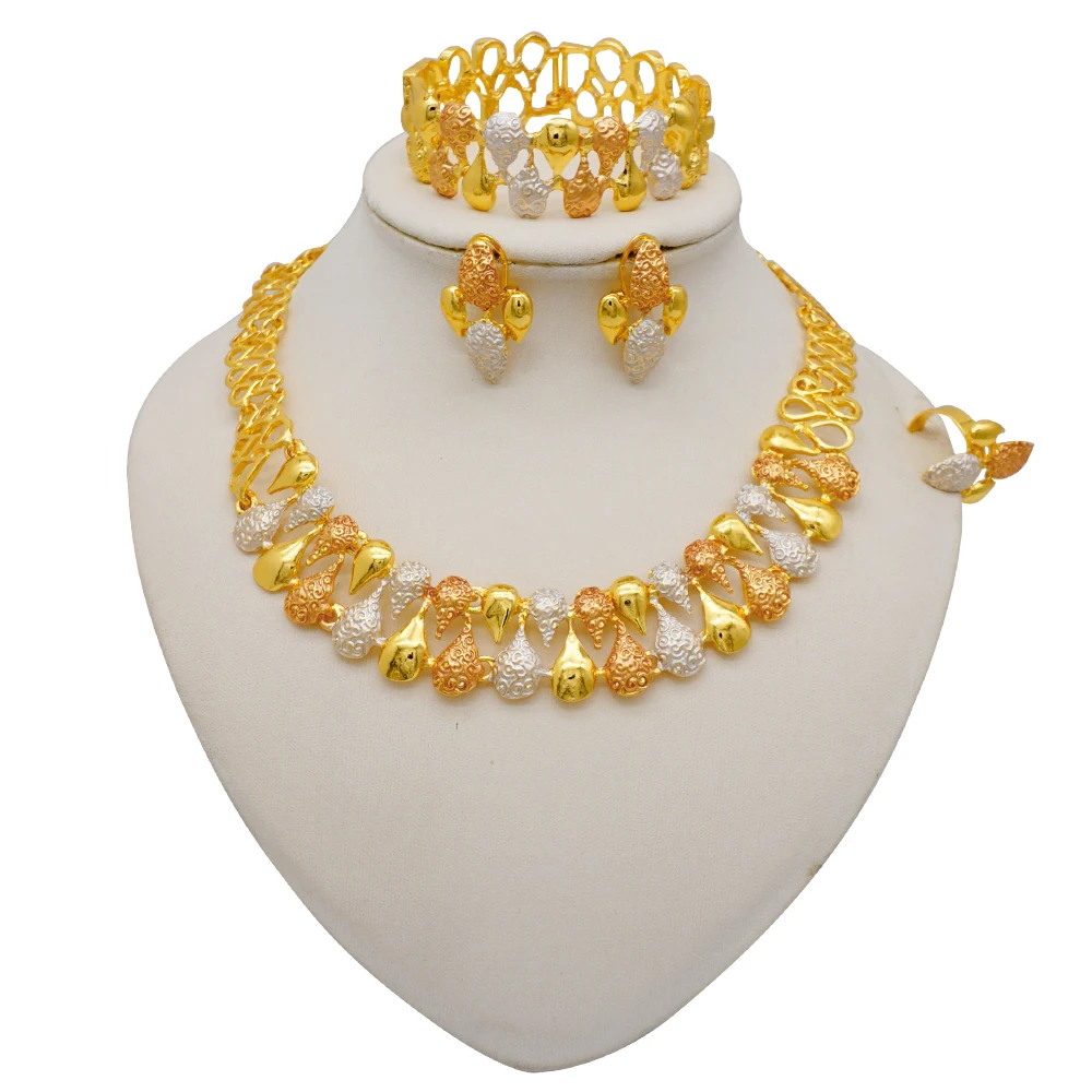 red american diamond necklace set Ethiopia Dubai 24K Gold Color Jewelry Sets For Women Luxury Necklace Earrings Bracelet Ring India African Wedding Gifts earrings and tikka set under 200