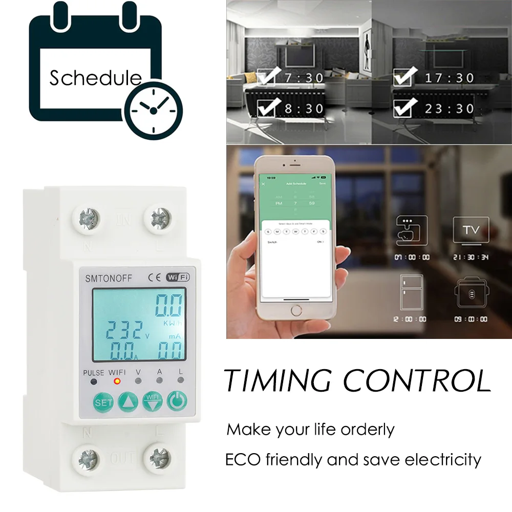 Tuya WiFi 2P 63A Bi-directional Measuring Prepaid kWh Meter Auto-reclosing Over