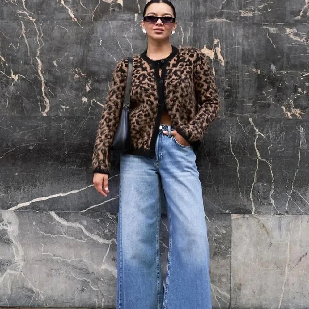 Tuularose Women's Leopard Print Cardigan Loose Casual Knitted Printed Long Sleeve Jacket Y2k Retro Autumn Warm Cardigan Top Lady 6