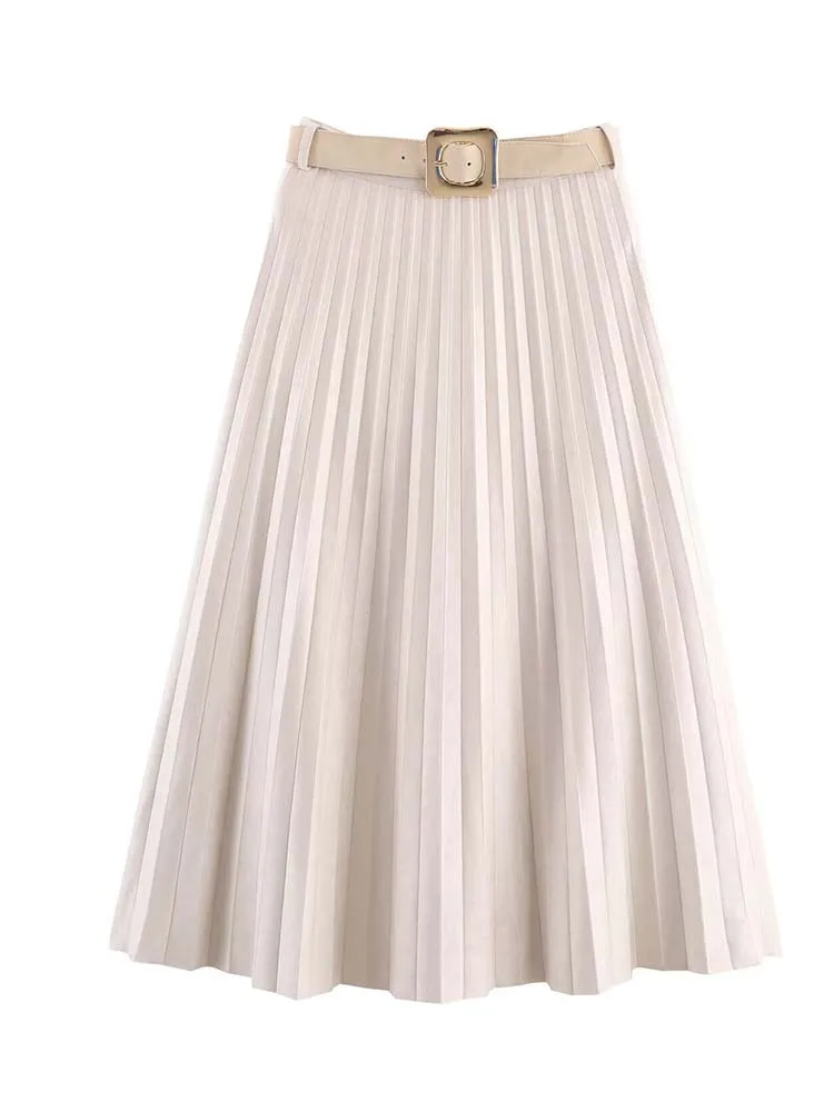 Women Chic Elegant Wrinkle Skirt With Belt Fashion 2025 New Vintage Midi Skirt High Street Casual Holiday Skirts