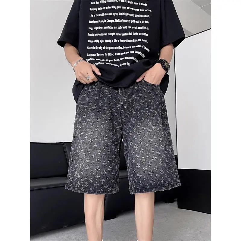 American retro fashion design ripped denim shorts for men summer trendy high street fashion retro mid-pants