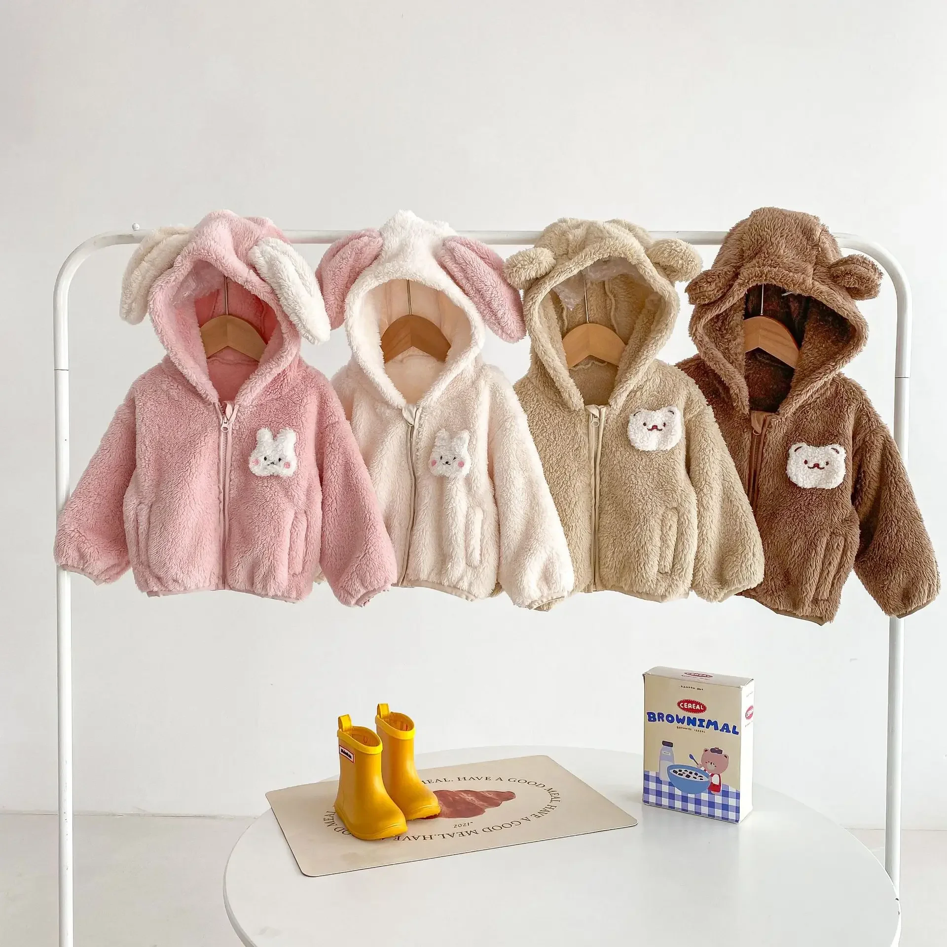 

2023 Winter Kids Baby Girls Full Sleeve Hooded 3D Bear Bunny Fleece Zipper Top Coat Children Warm Thicken Jacket Toddler Outwear
