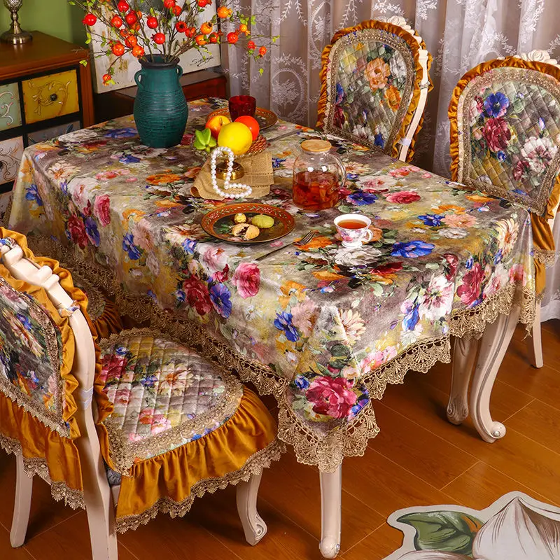 

New Style European High-end Dining Table Fabric Dutch Velvet Printed Coffee Table Cover Hollow Lace Edge Minimalist Tablecloth