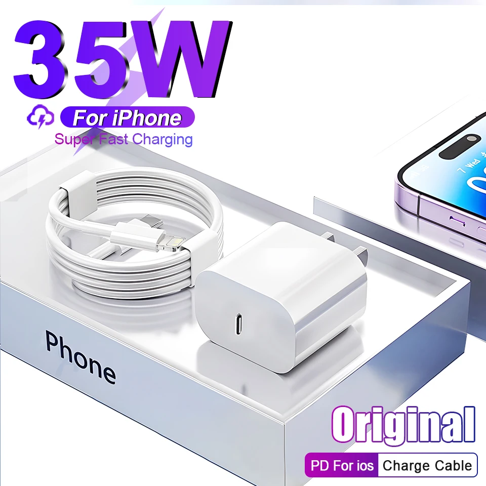 

Оригинальное зарядное устройство PD 35 Вт для iPhone 15 14 13 12 11 Pro Max Plus X XR, быстрая зарядка через USB C, кабели для передачи данных, аксессуары