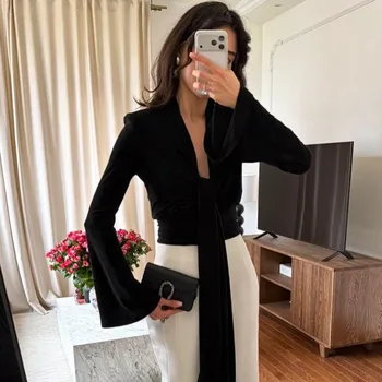 Talenza Fashion Women's Tops New Pleated Bell Sleeves Lace-Up V-Neck Shirt Elegant Casual Commuting High Street Female T-Shirts