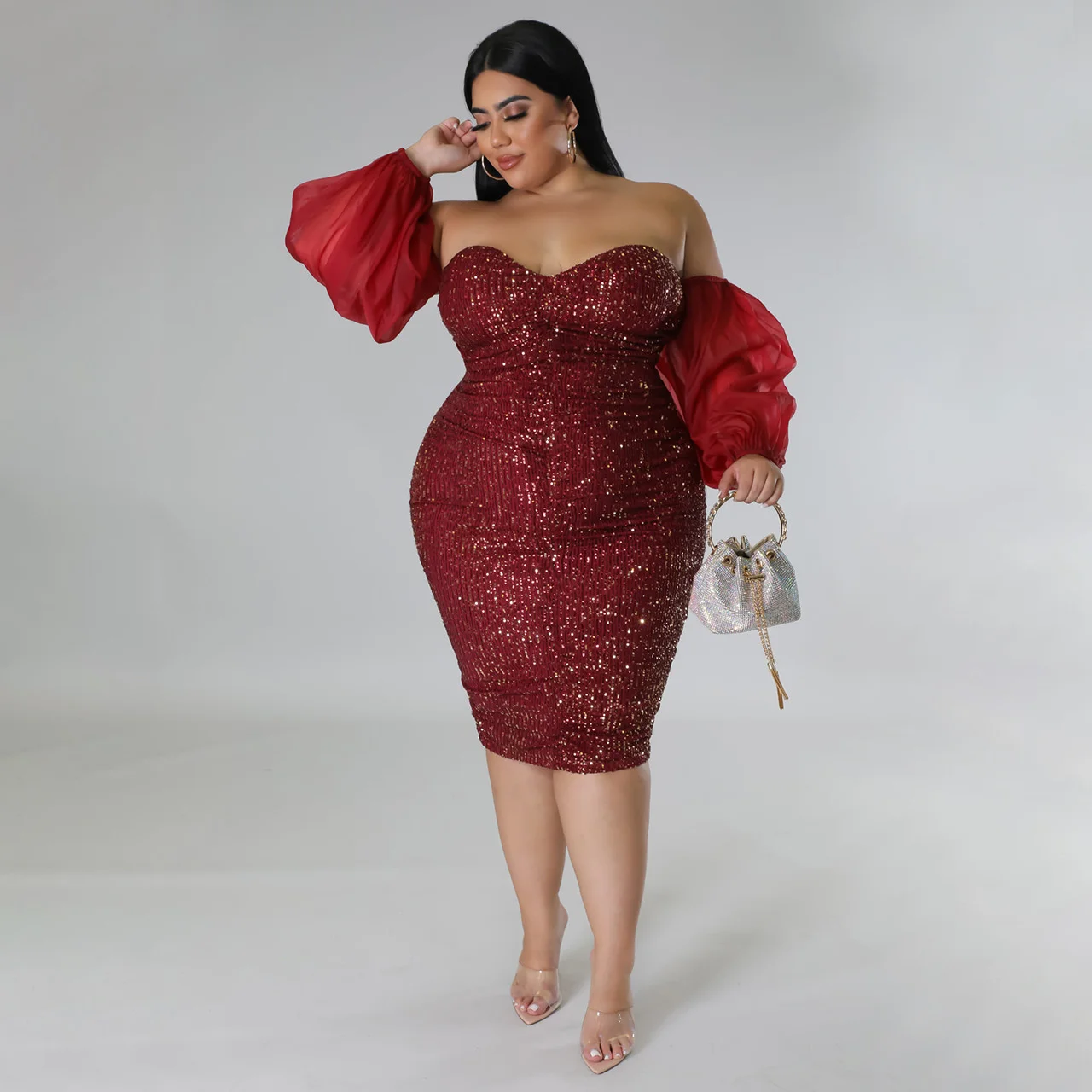 Plus Size Dresses Female Sexy Strapless Sequined Dress Mesh Solid Color