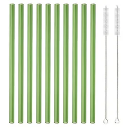 Set of 10 Reusable Glass Straws with Cleaning Brush - 8 Long (Green)
