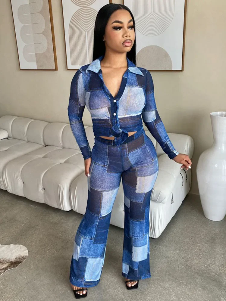 

Color Block Fake Denim Two Piece Outfits For Female Turn Down Collar Button Up Shirt + Straight Leg Pants Women Holiday Suits