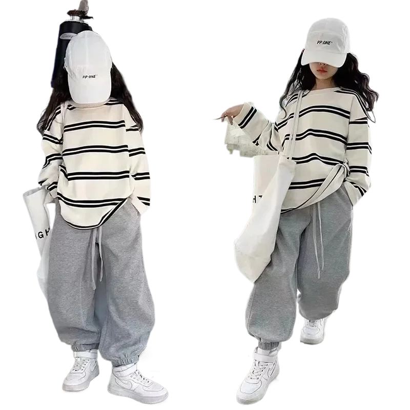 

Spring Autumn Girls Cotton Contrast Striped Workout Sweatshirt+Sweatpant Sets School Kids Tracksuit Child Jogging Outfit 5-16Yrs