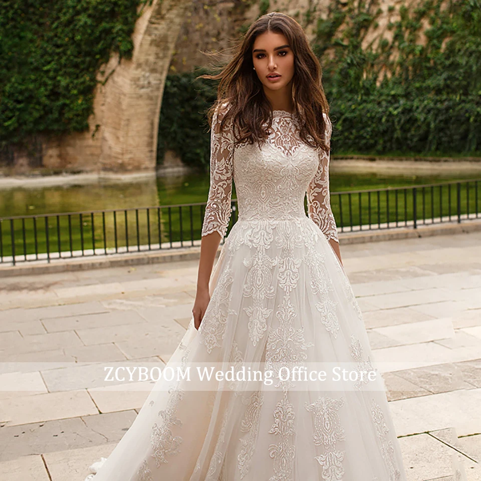 Elegante Brautkleider mit halben Ärmeln, A-Linie und Spitzenapplikationen, 2026, Prinzessinnen-Brautkleider mit Hofschleppe, lange Brautkleider für Frauen, Vestido De Novia – Detail 4