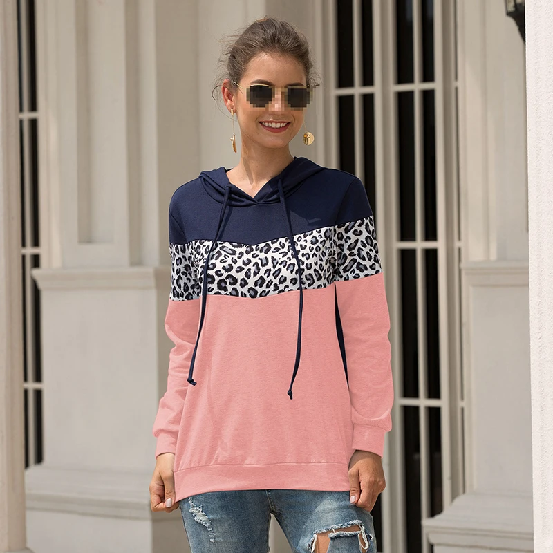 Women Leopard Stitching Thickening Pullover Hoodies Autumn Long Sleeve Tops Loose Casual Winter Hooded Sweatshirt Female Jumper