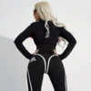 Oshoplive Female Sports Yoga Two Piece Sets Outfits Fashion Striped Color Block Zipper Tops & High Waist Skinny Pants Sportswear 3