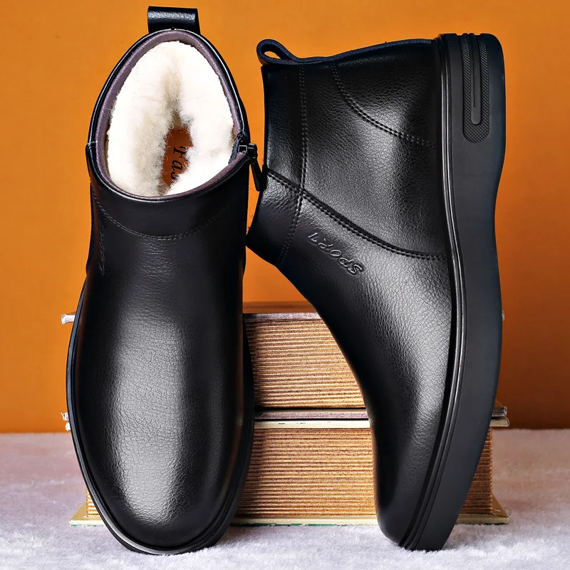 Men Genuine Leather Boots With Wool Fur Winter Men Ankle Boots Business