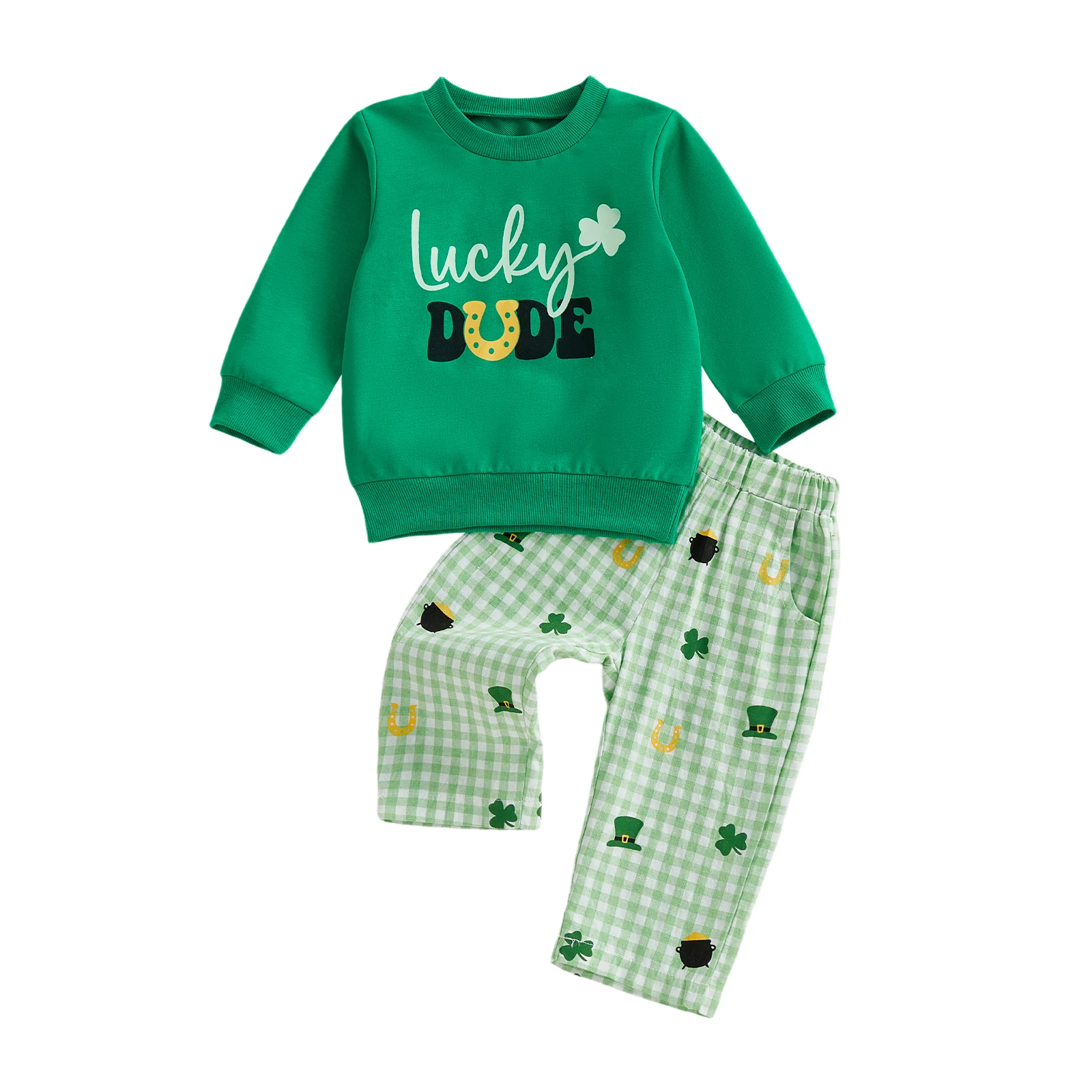 2-teiliges Set für Kleinkinder, Baby-Frühlings-Outfits, Kleeblatt-Buchstaben-Aufdruck, Rundhalsausschnitt, Langarm-Sweatshirt und karierte Hose