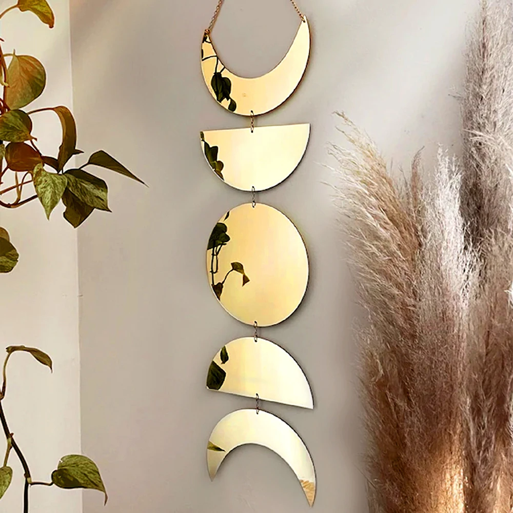 Décoration Murale Phases De Lune En Bois - 5 Pièces, Autocollant Mural, Style Bohème