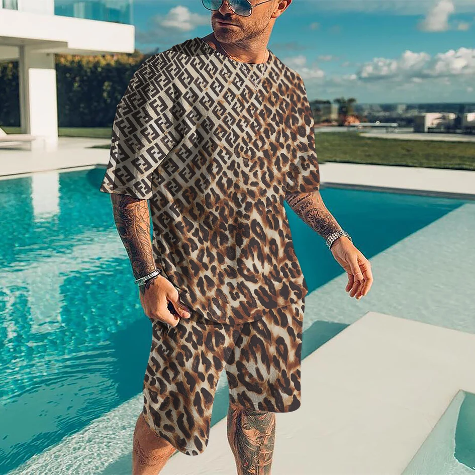 2022 New Summer Oversized O Neck Men's T-Shirt Suit Street Fashion Sports 2 Piece 3D Printing Leopard Brand Motorcycle