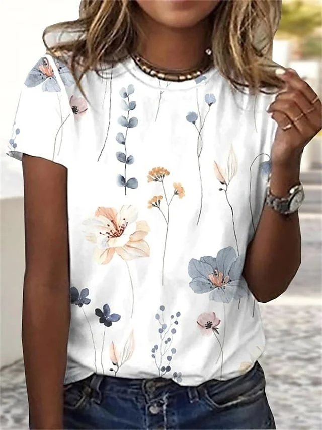 

Summer Women's Floral Cool Printed Short Sleeves O Neck Female Casual Pullover Fashion Tops Elegant T Shirts New Design