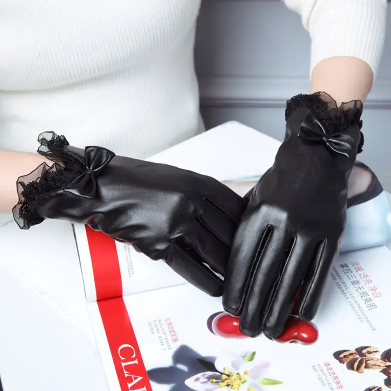 Elegant Lady Glove Lace Bowknot Winter Warm Women Faux Leather Full Finger Ski Gloves Warm Driving Motorcycle Gloves 5