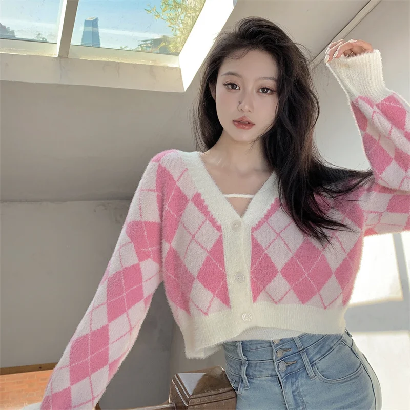 Lingge 프린트 부드럽고 따뜻한 2 피스 가디건, 탱크 2023 포함, 빈티지 V넥 핑크 스웨터 코트, 한국 가디건, 가을 겨울