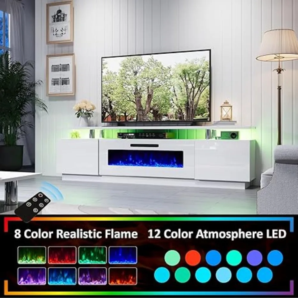 ireplace TV Stand with 40" Fireplace, 80" Modern High Gloss Fireplace Entertainment Center LED Lights, 2 Tier TV Console Cabinet 4