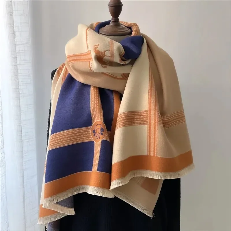 2024 Thick Women Winter Scarf Luxury Horse Print Cashmere Poncho Shawl Travel Wraps Pashmin Blanket Casual Bufanda Echarpe Hijap