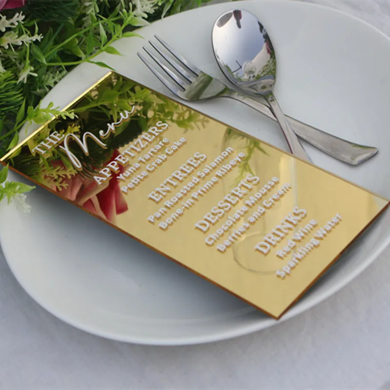 Cartão acrílico personalizado do menu para o casamento, cartão do menu, cartão de recepção do casamento, cartão acrílico do detalhe do casamento