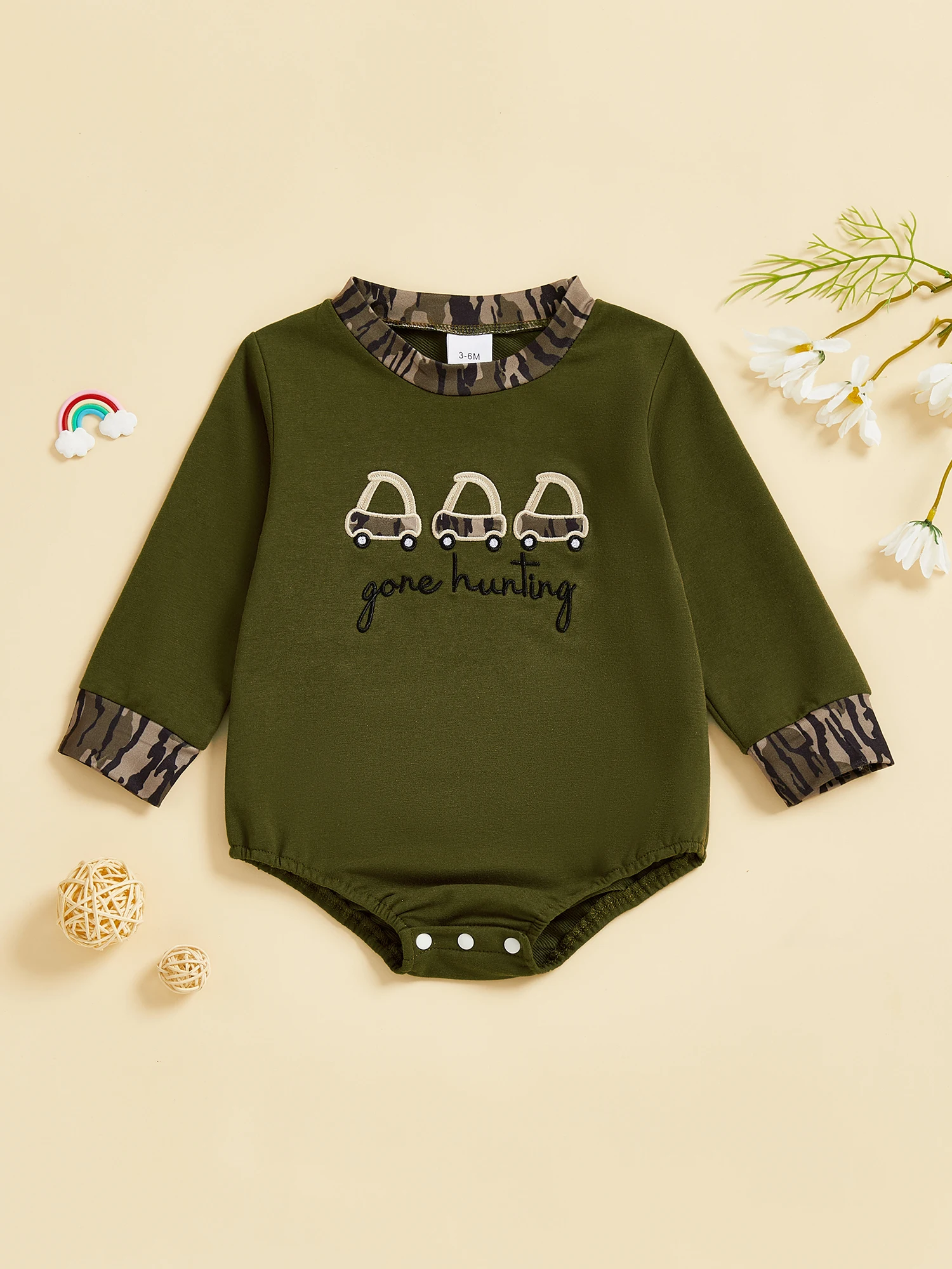 FOCUSNORM 0-18 Monate Kleinkind Baby Jungen Herbst Strampler Auto/Hund Stickerei Camouflage Print Langarm Overall Nettes Outfit – Detail 10