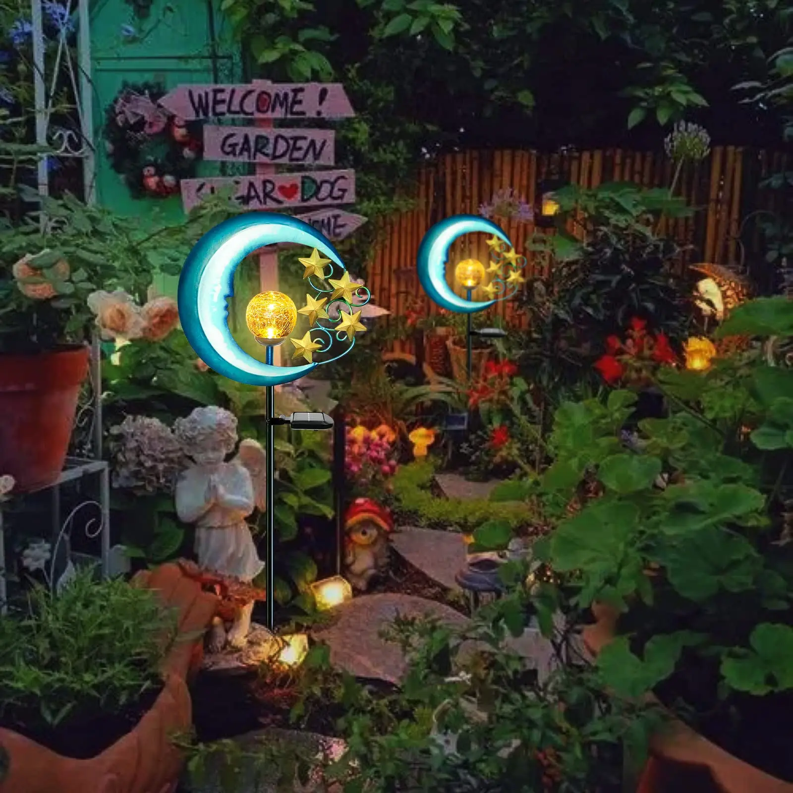 Magie au clair de lune : piquets de jardin solaires avec globes en verre craquelé - Inusitado Incanto