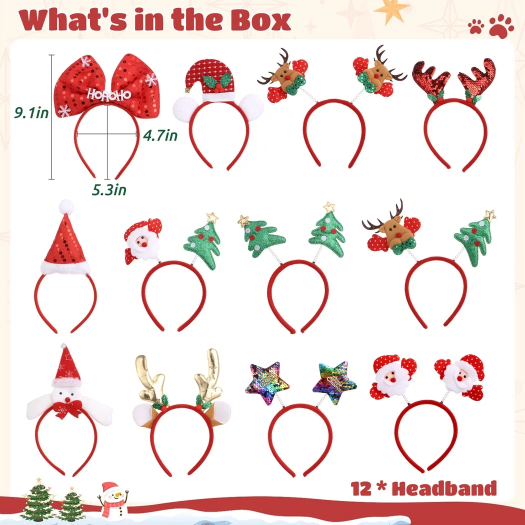 12Pcs/Set Cute Christmas Headbands Christmas Hair Hoop Santa Claus Hair Band Reindeer Head Hat Toppers Funny Holiday Headband Hair Headband Hair Accessories