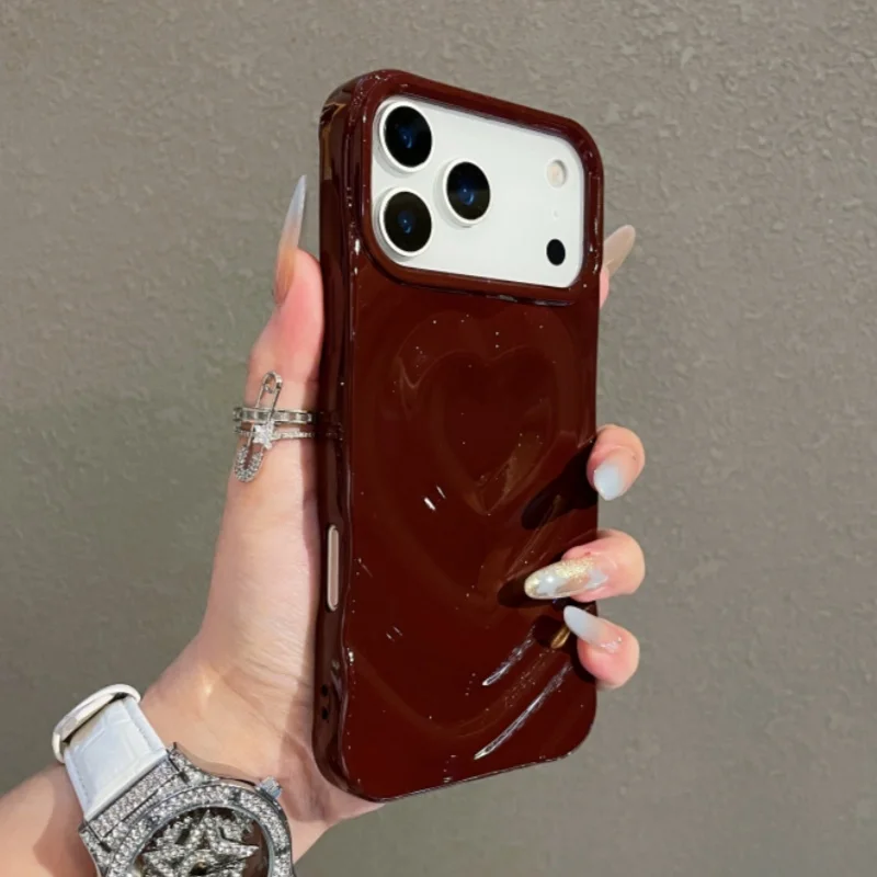 Glossy Love Heart Phone Case with 3D Wavy Pattern and Plating - Fashionable Shockproof Cover