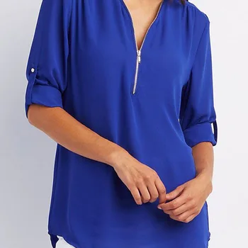 S-5XL Ladies Loose Chiffon Shirt Multi Colors V-Neck Zipper Long-Sleeved Casual Basic White Black Blouse Shirt Tops Plus Size