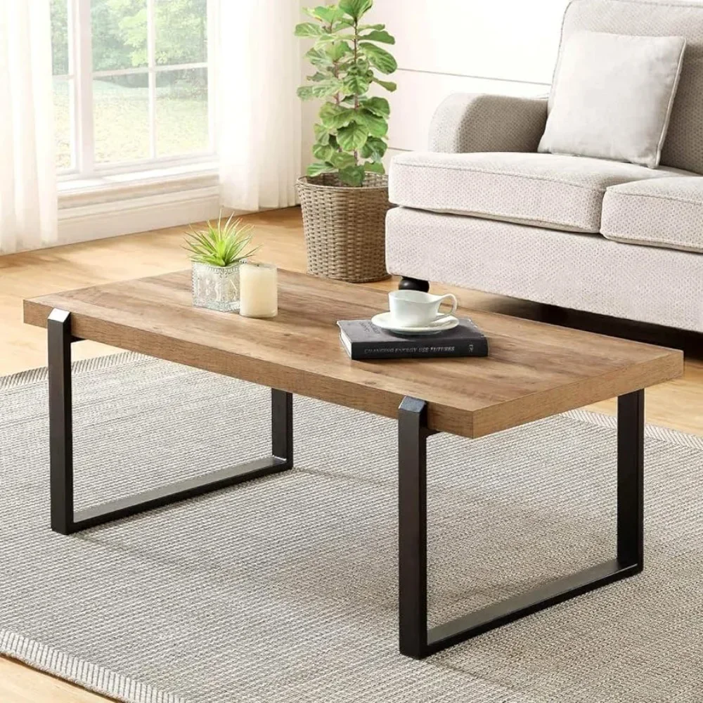 

Modern Coffee Table Wood 47 Inch Oak Wood and Metal Industrial Cocktail Table for Living Room Salon Furniture Nightstands Tables