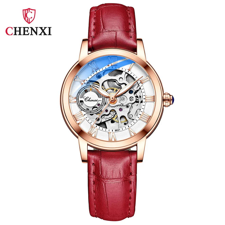 Moda Feminina Relógio Mecânico Automático Feminino Presente de Aniversário Casual Vestido Relógios Femininos Buraco Dial Plate Design Pulseira de Couro