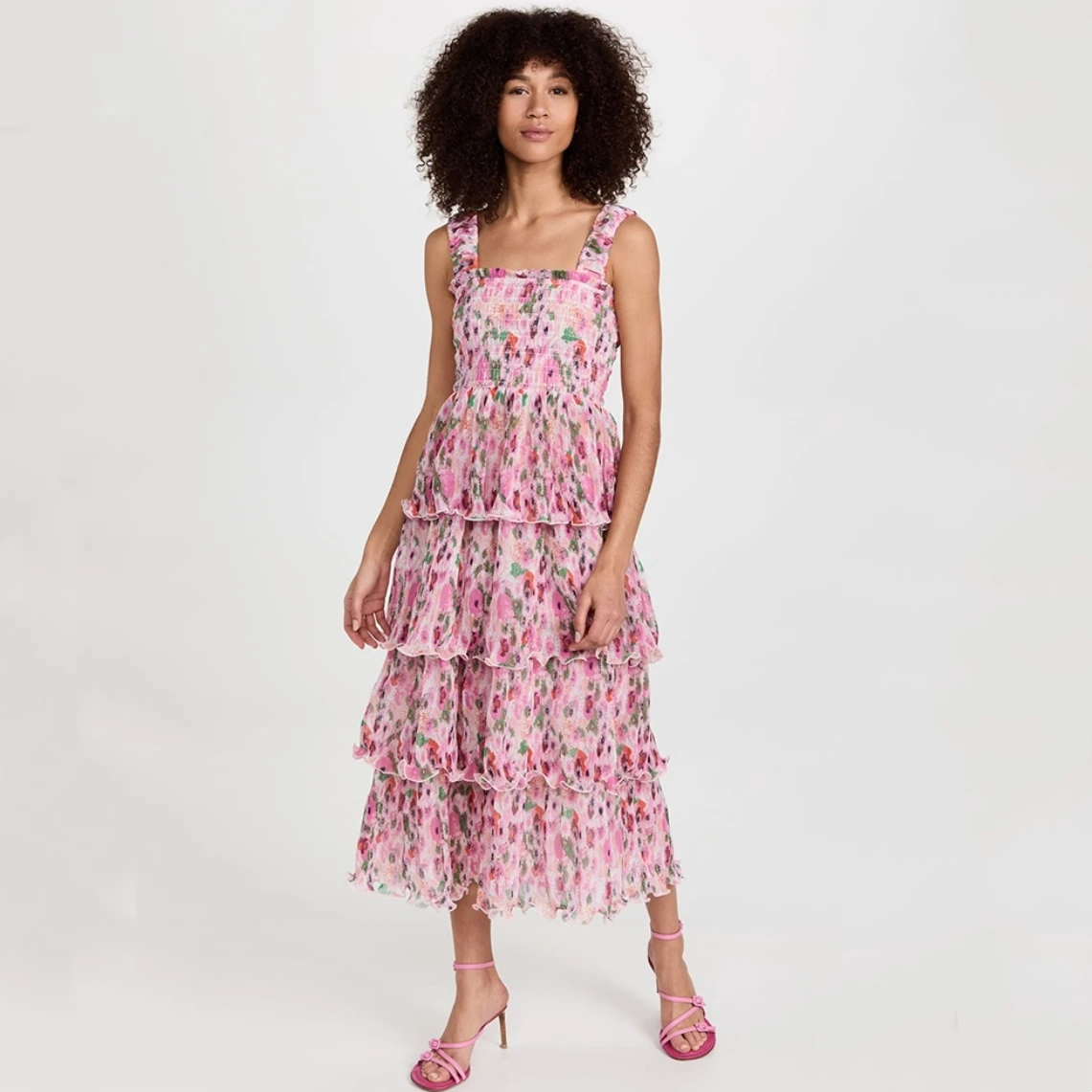 

2023 New Summer Women Pink Color Printing Sleeveless Fashion Tierred Midi-Length Bodycon Dress Birthday Evening Party Dress
