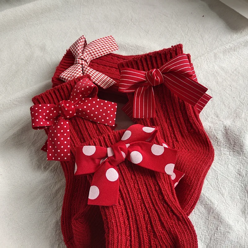 Girls Middle Tube Socks with Bow 100% Cotton Warm Red Stockings for Children Socks Christmas Socks Kids Gifts 0-8 Years Old