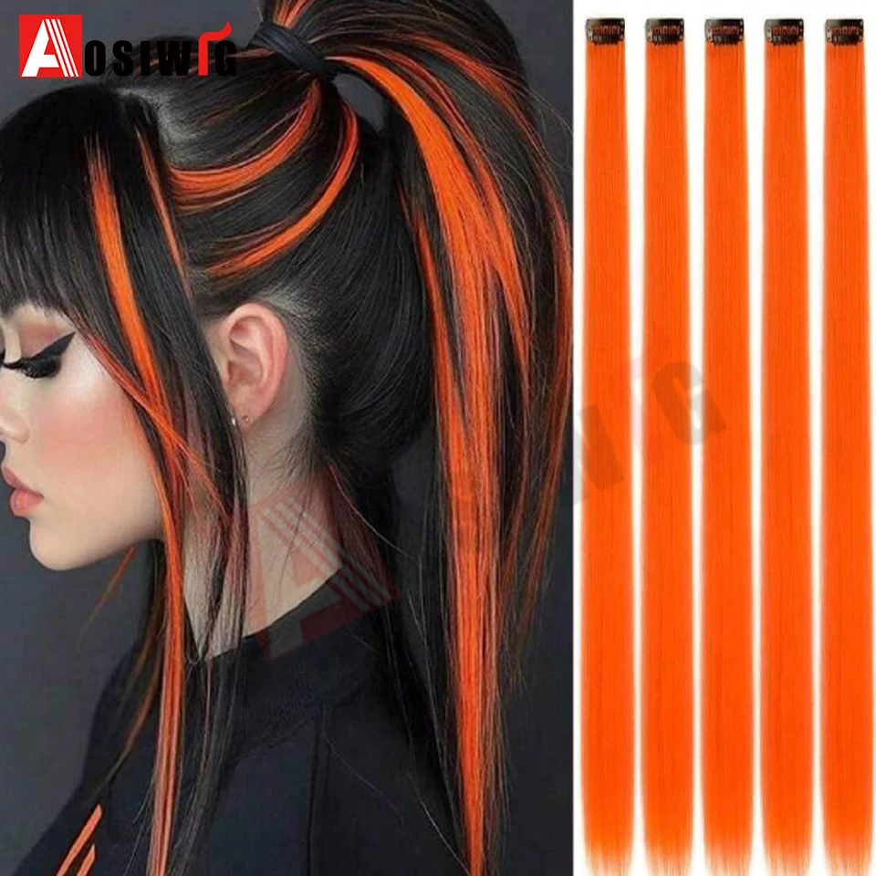 Extensiones de cabello de plumas sintéticas para mujer, 5 unidades, con Clips, extensiones de cabello liso resistentes al calor, Clip de pelo negro de color, 8G