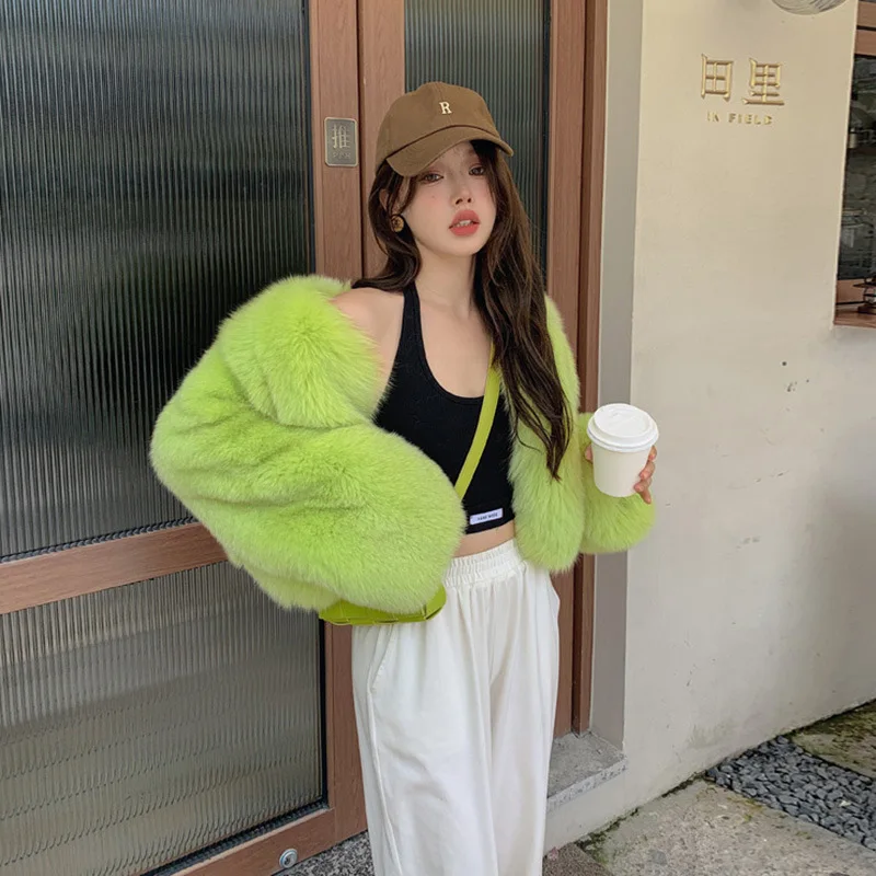 Cropped Faux Fox Fur Jacket for Women Short Warm Coat Korean Fluffy Fur Jacket Winter Clothes Fashion Coats 2023
