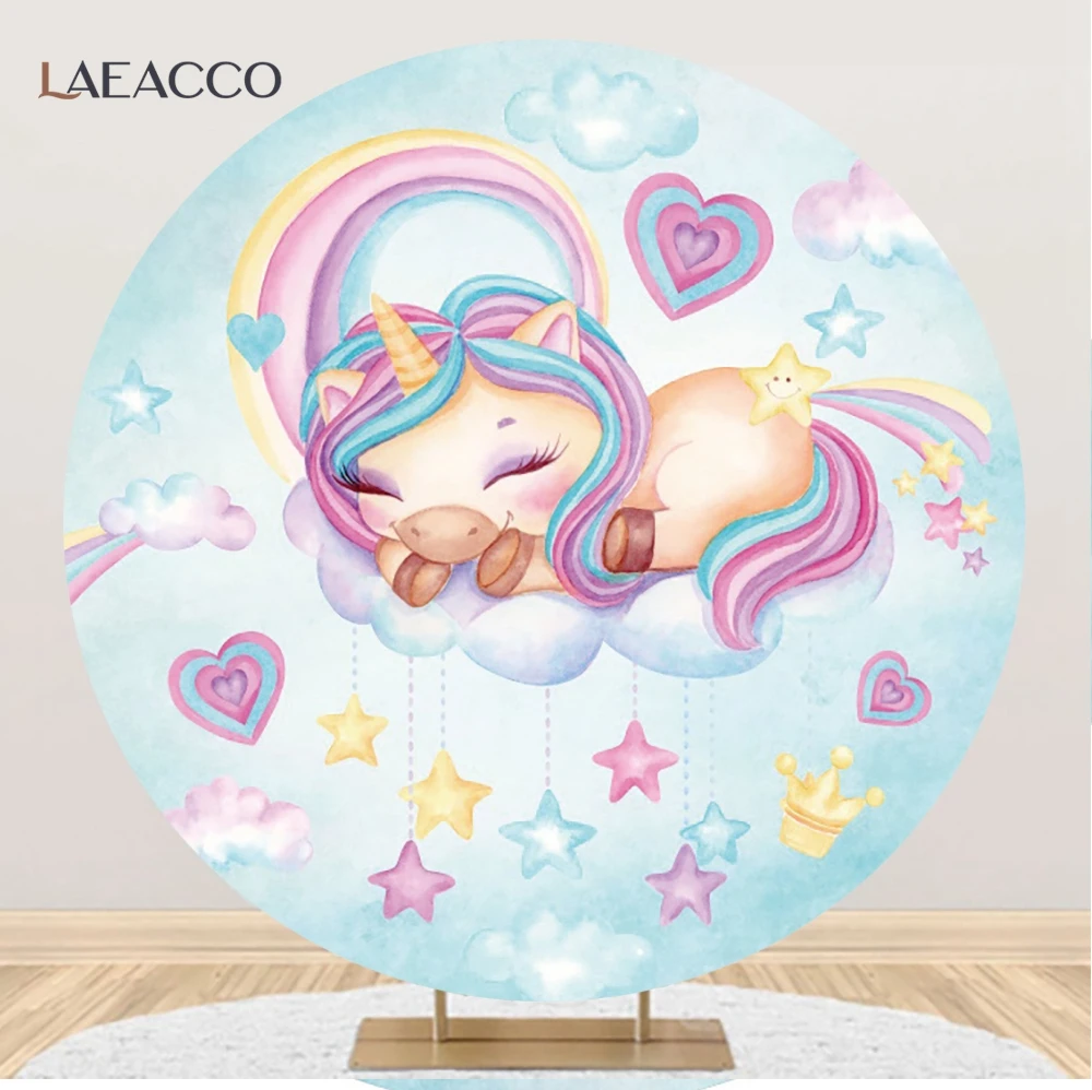 Laeacco-cartoon Unicorn Round Backdrops Suporte Fotográfico Fundo Circular Arco-íris Flores Baby Shower Decoração para Festas de Aniversário - Image 4